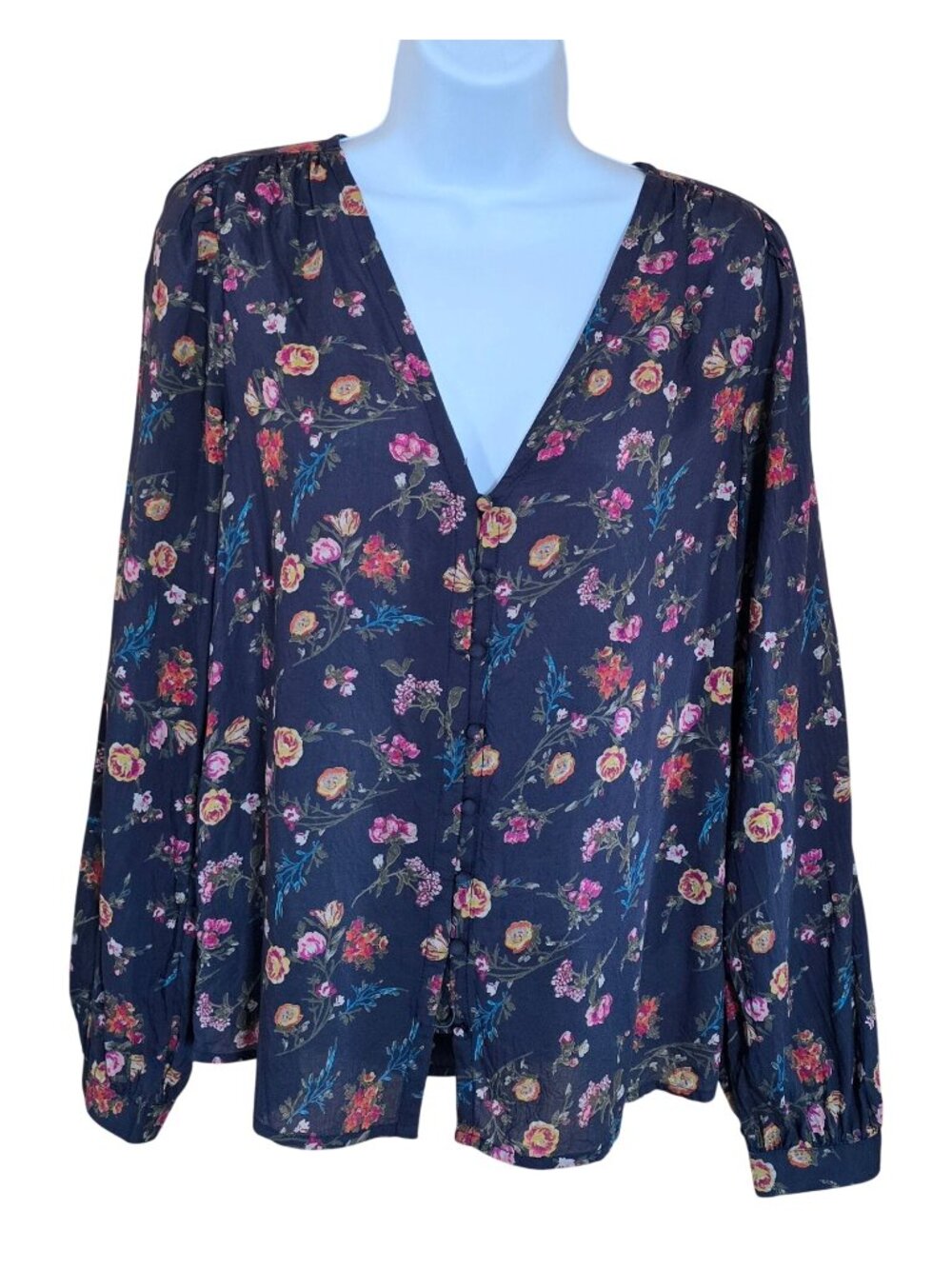 Floral Button-Down Top Navy V-Neck Long Sleeve Relaxed Fit Womens